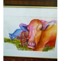 Cows Grazing Water Color Painting-Title "Fat More chickens"