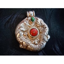 Sterling Silver Repousse Dragon Pendants With Carnelian and Turquoise Stones