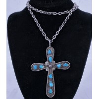 Silver 925 Indigenous Style Turquoise Cross 6" Tall and Heavy 26" 925 Chain